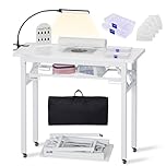 Portable&Foldable Manicure Table w/Dust Collector,Rolling Nail Desk w/LED Light Lamp,Wrist Cushion,Lockable Wheels,Carrying Case,Nail Tech Table for Beauty Nail Salon,Nail Workstation Art Desk (White)