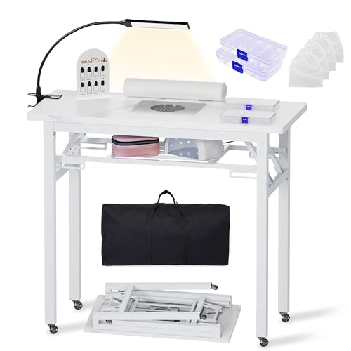 Portable & Foldable Manicure Table w/Dust Collector Rolling Nail Tech Desk w/LED Light Lamp Wrist Cushion Lockable Wheels Carrying Case for Home Travel Beauty Salon Workstation (Marble White)
