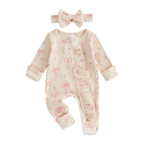 allshope Newborn Baby Girl Fall Outfit Bow Print Long Sleeve Full Length Zipper Front Ribbed Jumpsuit Infant Clothes (Color Apricot, Newborn)