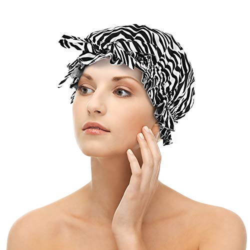 Shower Cap for Women, Anseya Luxury Satin Lined Shower Cap Double Layers, Reusable, Waterproof, Washable, Breathable, Adjustable for All Hair Length and Hairstyle