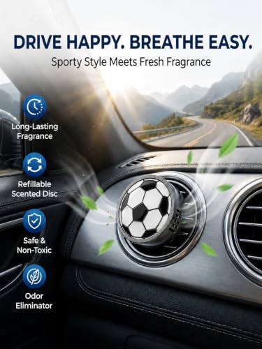 Image of Soccer Car Vent Clip Air Freshener, Football Magnetic Metal Holder with Refill Pads