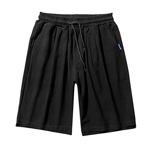 HGWXX7 Shorts for Men Fashion Flat Front Solid Linen Wide Beach Shorts Casual Pants Black