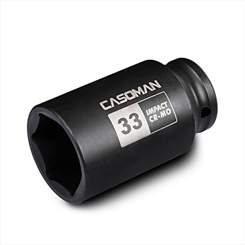 CASOMAN 1/2 Drive x 33 mm Deep 6 PT Impact Socket CR-MO 1/2-inch Drive 6 Point Axle Nut Socket for Easy Removal of Axle Shaft Nuts (33MM)