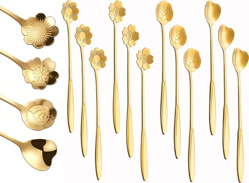Image of Gold Tone Dessert Spoon Set with Decorative Flower and Heart Shaped Spoon Heads (Pack of 12)