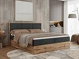 MKS MEBLE Boxspringbett Albero 2-200x200 cm mit Bettkasten, Kontinentalbett/Doppelbett, 2X 7-Zonen Taschenfederkern-Matratze H3, Topper Visco, Kopfteil, Dunkelgrau Strukture Holzoptik Wotan Eiche