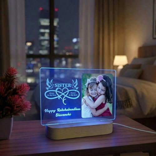 Image of Personalized Sister Raksha Bandhan LED Table Lamp - Custom Photo Multicolor Acrylic Night Light with Quote - Gift for Sister from Brother