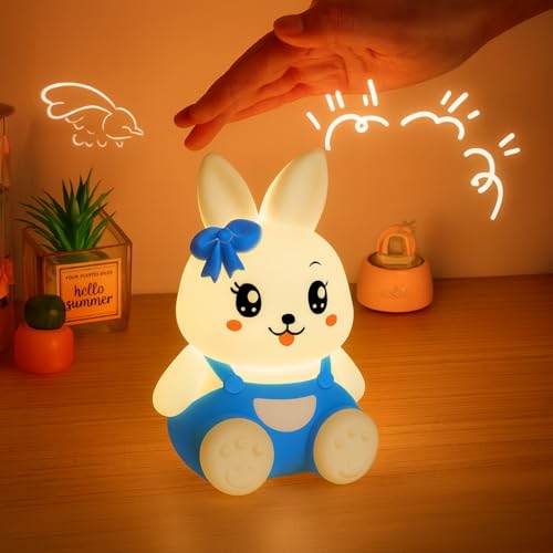 Image of One94Store Blue 7-Color Silicone Rabbit Night Lamp | Soft Squishy Cute Rabbit LED Bedside Light with Tap Control, Nursery Sleep Light, Rechargeable Baby Night Lamp for Bedroom & Home Decor