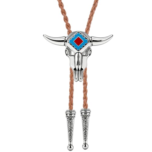 Image of GelConnie Longhorn Bull Bolo Tie for Men Native American Western Cowboy Leather Necktie Bolo Necklace for Women Gold Texas