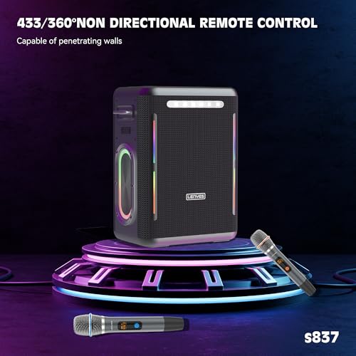 Image of Lenyes S837 300W Portable Karaoke Party Speaker with Dual Wireless UHF Mics, 30000mAh Battery, 65W Type-C Fast Charging, TWS Pairing, 15H Playtime, Guitar /Mic Input, USB /AUX, EQ Modes (Black)