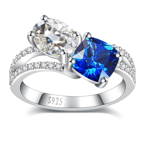 3.5CT Sapphire&Emerald&Cubic Zirconia for Women Promise Ring for her 925 Sterling Silver Women Engagement Ring Created Oval & Cushion Cut Engagement Ring Toi Et Moi Ring Wedding Band Double Stone Ring Width Band 2mm Size 5-93