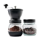Moedor de Café Manual Premium Moinho Ajustável com Manivela Recipiente de Vidro Duplo para Grãos e Pó Base Antiderrapante Cerâmica Preta