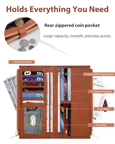 Image of Brown Women's Slim Wallet,Thin RFID Card Holder with Zipper Pocket | 12 Slot Wallet Organizer, Large Capacity, Vegan Leather, Coin Purse, Cash Compartment, Travel Wallet, Women Gift