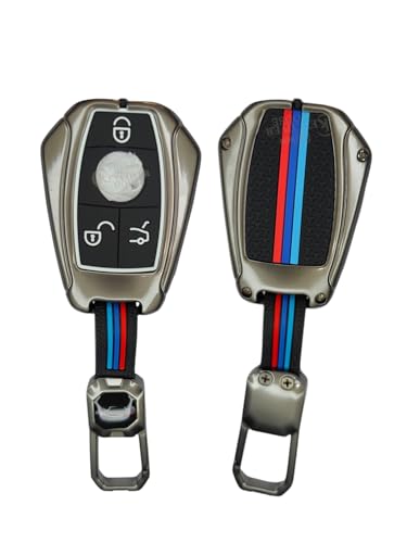 Image of Metal Striped Key Cover and Key Chain Compatible for Mercedes Benz C E M S CLS CLK GLK GLC G Class Car 3 Button Smart Key I Stylish Look I Full Protection