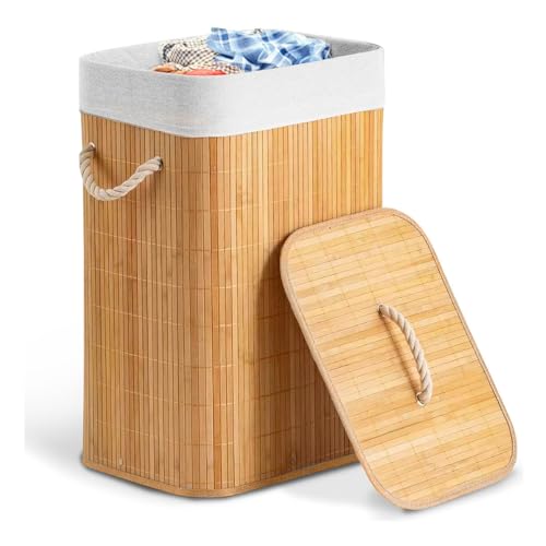 Cesto de Bambu Roupa Suja em Bambu Natural com Tampa 60L Alças de...