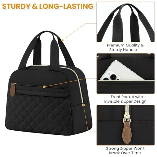 ELONGRIVER Insulated Lunch Bag for Women, Portable Lightweight Lunch Box for Adults, Reusable Small Lunch Tote Cooler Bags with Front Zipper Pocket for Work, Travel and Picnic (Black)