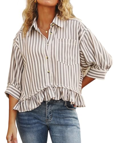CHYRII Womens Summer Tops Dressy Casual Blouse Top Ruffled Short Sleeve Button Down Striped Shirt - Main Image