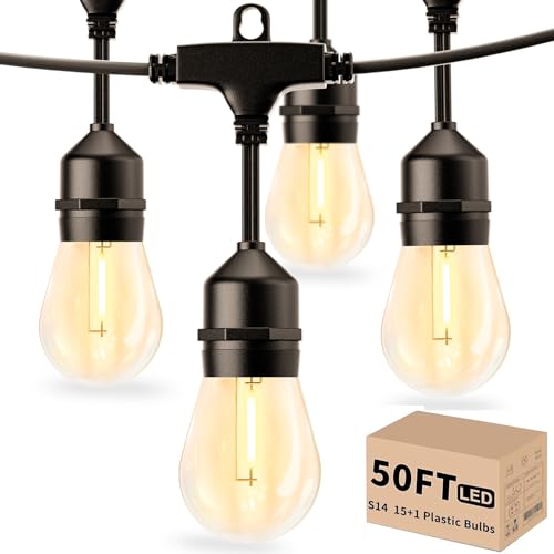 Svater Outdoor String Lights LED 15m, S14 Festoon Lights Mains Powered with 15+1 1W Plastic Bulbs, IP65 Waterproof Garden String Lights for Patio Party Wedding, 2700K Warm White
