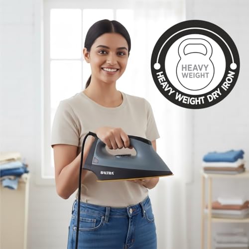Image of BALTRA Flash Pro Dry Iron Press 1000 Watts, Greblon Non Sick Coated Golden Sole Plate | 5 Modes | Heavy Weight Iron for Clothes | Shock Proof Body | Aerodynamic Design | 2 Years Replacement Warranty