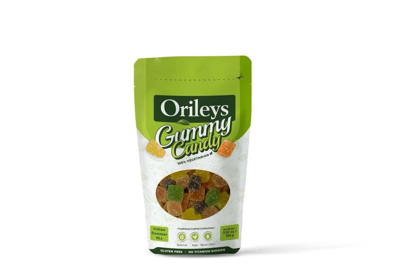 Orileys Vegan Jelly Gummy Candy – Indian Summer Mix Flavoured Fruit Cubes, 100% Natural Colours, 100g-image-36