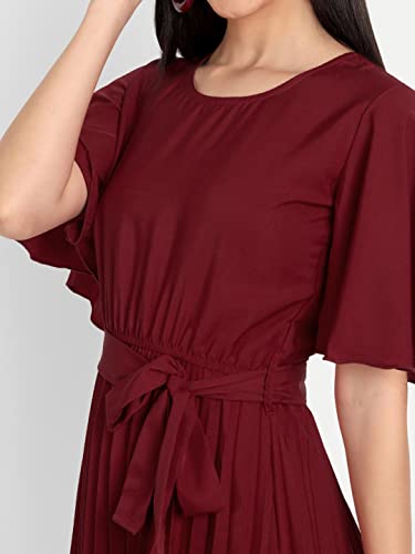 Image of KUDUZO Women's Crepe Long Pleated Below Knee Length Flutter Sleeve Round Neck S to XL Maxi Dress for Girls. (EG-U0IM-B9A1)