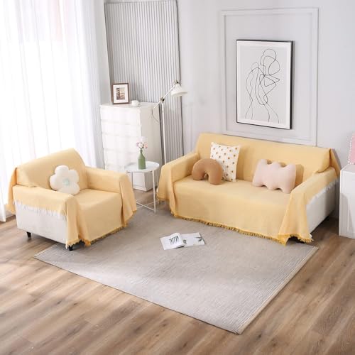 Image of HOKIPO Polycotton Thick and Soft Sofa Cover Throw Couch Protector 2 Seater, 180 (D) x 230 (L) cm (NEW-AR-4639-N5), Yellow