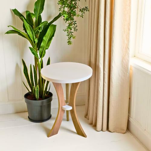 Image of InoSlashed Beautiful Wooden Side Table /End Table /Plant Stand /Tea Table /Stool Living Room Furniture Round Shape (17 Inches)