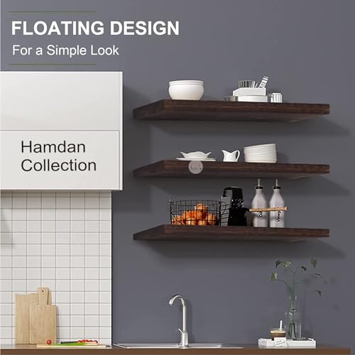 Image of Hamdan Collection Floating Shelves, 24 Inch Wall Shelf Set of 2, Rustic Wood Shelves for Wall Storage, Wall Mounted Wooden Display Shelf for Bathroom Bedroom (17 inch,Set of 3, Brownz)