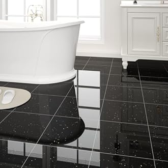 40-Pack 40 Sq.Ft Peel and Stick Floor Tiles Vinyl Glossy Pattern Flooring, 12” x 12” Self Adhesive Vinyl Flooring DIY for Kitchen, Bathroom, Laundry, Polish Black Galaxy Marble