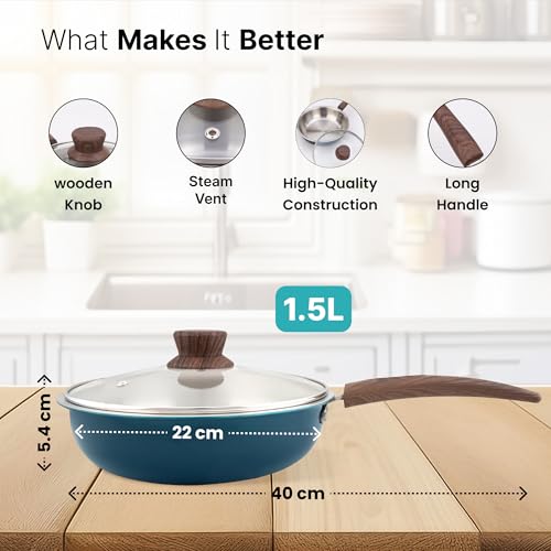 Image of The Better Home 2.5mm Triply Coated Fry Pan(1.5L-22cm) with Glass Lid | Aluminium Fry Pan for Cooking | Frying Pan (Blue)