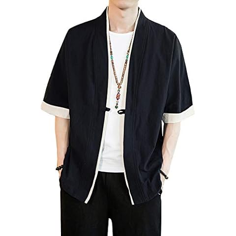HAORUN Men Japanese Short-Sleeved Kimono Cardigan Yukata Coat Loose Cardigan Jacket Top (X-Large, Black) Cover