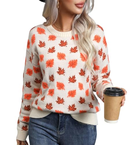 Ladies' Autumn Maple Leaf Pattern Knitted Sweater, Round Neck Pullover, Long Sleeved