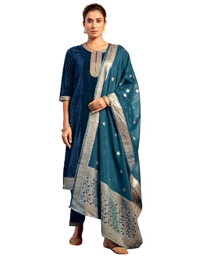 Image of SKYLEE Velvet Dyed, Sequins, Embroidery and Lace Straight Kurta Set with Dupatta
