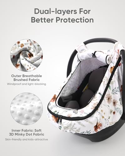 Image of Car Seat Cover Baby Girls, Infant Car Seat Canopy Outdoor, 2 Layers with Mesh and Sun Shade Window for Summer Winter, Easy Access Carseat Covers Snug Fit Baby Stroller - Brown Wildflower