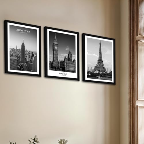 Image of NoWorries Black & White City Wall Art Framed Painting Set of 3 | New York London Paris Skyline Prints with Frame | Modern Minimalist Travel Poster Wall Decor Frames for Living Room, Bedroom and Office | Ready to Hang (Art-2, 10x13inch, Wooden)
