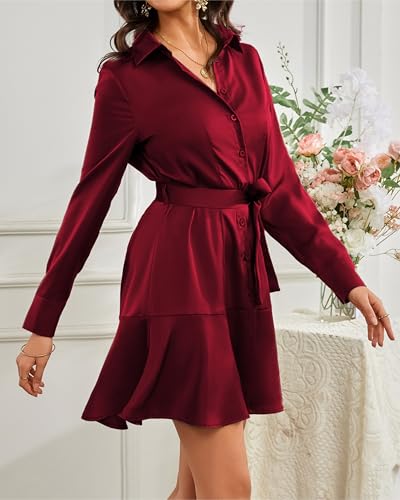 Image of Women's Long Sleeve Button Up Midi Belt Shift Collar Dress with Pockets for Work Office Business