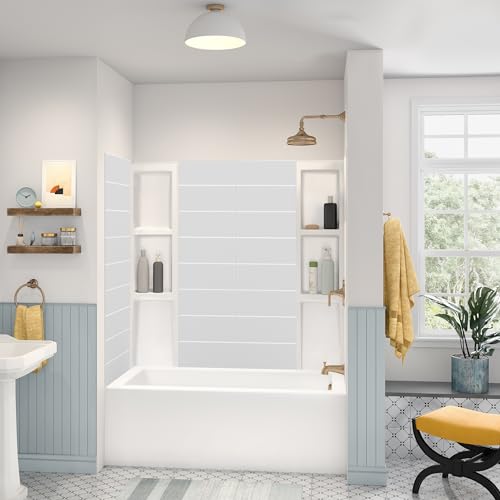White Tub Wall Surround - Waterproof, Easy-to-Install, Two Shelf Units Kit Included - Noah William Home Bathtub Wall Surround Panels, (Stacked Tiles Pattern, Classic Shelves) Acrylic Wall, 58 inches