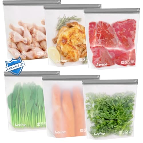 Lerine 6 Pack Reusable Freezer Bags 2 Gallon Stand-Up Dishwasher
