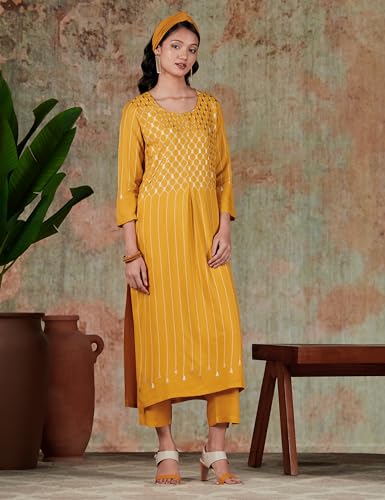 Image of BIBA Women Rayon Straight Kurta Pant Suit Set