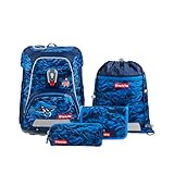 Step by Step Schulranzen-Set FIT „Manta Rio“ 5-teilig, blau, Unterwasser-Design, ergonomischer Tornister mit Reflektoren, höhenverstellbar mit Hüftgurt für Jungen ab der 1. Klasse, 19L