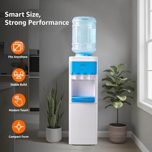 Image of Amazon Basics Hot and Cold Floor Standing Water Dispenser - Top Loading, 20 litres | White & Blue | Compact Design with Hot, Cold and Normal Temperature Settings