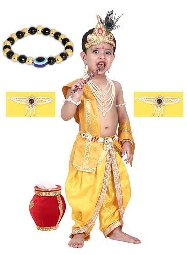 Image of Raj Fancy Dresses Shri Krishna Dress for Baby Boy & Girl, Janmashtmi Dress with Diaper-friendly Dhoti & Dupatta, Mor Pankh Mukut