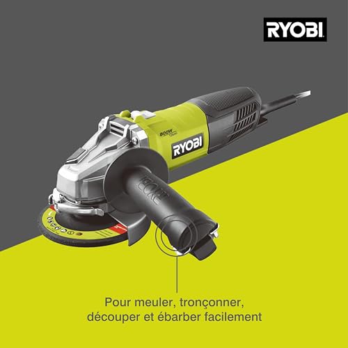 RYOBI - Meuleuse d'Angle Filaire 800W 125mm - 12 000 tr/min - Livrée avec 1 Disque à Ébarber le Métal Ø 125 mm et 1 Poignée Latérale 2 Positions - Protection Anti-Démarrage - RAG800-125G