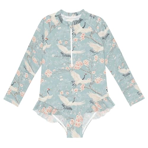 CHIFIGNO Quick Dry One Piece Swimsuits Girls Peach Blossoms White Cranes Rash Guard UPF 50+ Sport Bathing Suit Zipper Swimwear, Size 9-10