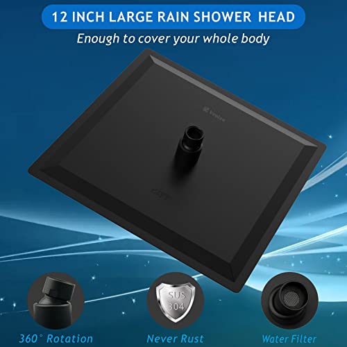 Voolan Rain Shower Head - High Flow Large Rainfall Shower Heads Made of Stainless Steel - Waterfall Bathroom Square Showerhead - Ceiling or Wall Mount (12" Black) by Voolan - Image 2