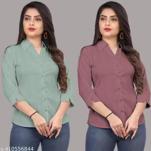 Image of Women's Solid Formal Shirt (Pack of 2)-Pink, Mint Green-1 P3