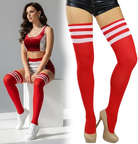 Image of ToBeInStyle Women's Heavyweight Knit Thigh High Long Socks w /Contrast 3 Stripe Top Band