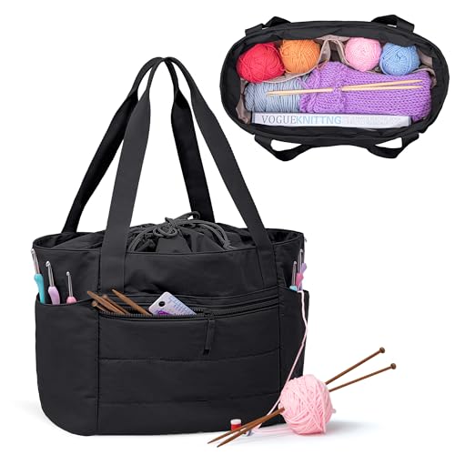 Teamoy Large Knitting Bag Tote, Puffer Yarn Storage Bag, Drawstring Crochet Bag Organizer for Yarn Skeins and Crocheting Supplies, Black
