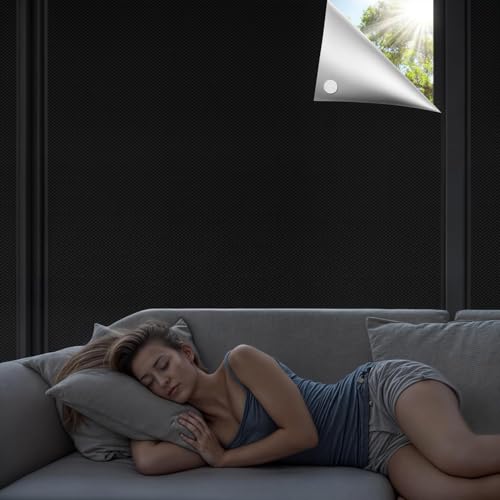 Qualsen Estor Sin Taladrar Opaco 300x150cm, Proteccion Solar Estores Adhesivos Tela Oscurecedora Persianas Portátil Temporal Estores Opacos para Dormitorio, Caravana, Ventana, Viaje (Negro-Plata)