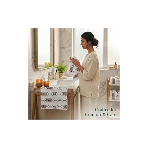 Image of Mafatlal Madhuban Hand Printed Towel Set (1 Bath 147x76 cm + 2 Hand 76x38 cm) | 250 GSM | Lightweight, Quick Dry Cotton | Vista White