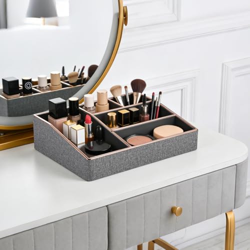 Image of PU Leather Makeup Organizer Tray,Large Vanity Organizer,Cosmetic Storage Box for Lipstick Brushes Skincare Perfume,Cosmetic Display Case Rose Gold-trimmed for Dresser,Bathroom Countertop(Grey)